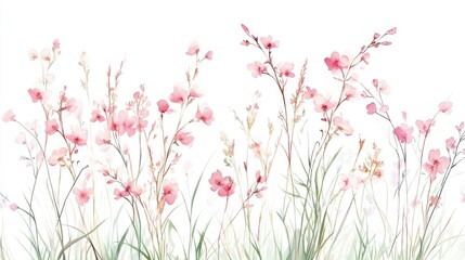 Delicate watercolor of tall meadow grass with soft pink blossoms isolated on a clean white background  This beautiful floral graphic element has a serene