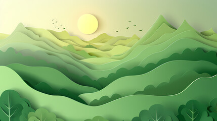Obraz premium Green nature mountains landscape.3d Paper cut abstract minimal nature scene, template background.Vector illustration.