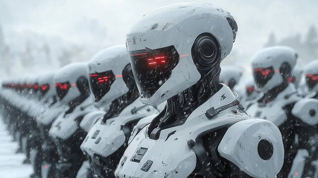 Futuristic Army of Robots Standing in Formation During Snowy Day in a Dystopian Landscape. - Powered by Adobe
