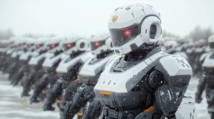 Futuristic Army of Robots Standing in Formation During Snowy Day in a Dystopian Landscape.