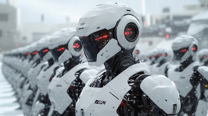 Futuristic Army of Robots Standing in Formation During Snowy Day in a Dystopian Landscape.