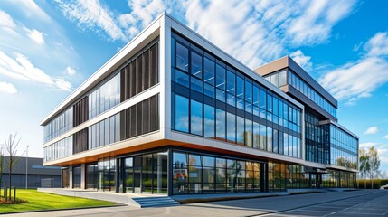 Fototapeta premium A modern office building designed for energy efficiency and sustainability, reducing environmental impact.