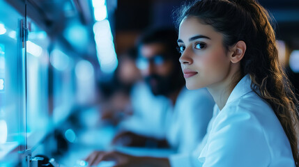 Female Software Developer Focused on Collaborative Industrial Tech Project with Diverse Indian Colleagues in Research Laboratory.