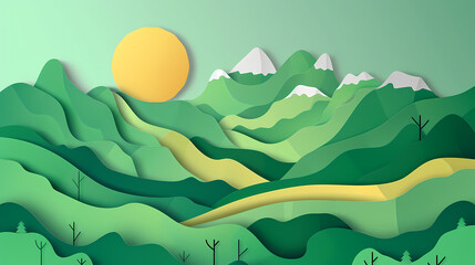 Green nature mountains landscape.3d Paper cut abstract minimal nature scene, template background.Vector illustration.