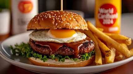 Hamburger patty with an egg on top, drizzled in brown sauce and a side of fries