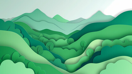 Obraz premium Green nature mountains landscape.3d Paper cut abstract minimal nature scene, template background.Vector illustration.