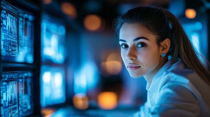 Obraz premium Female Software Developer Focused on Collaborative Industrial Tech Project with Diverse Indian Colleagues in Research Laboratory.