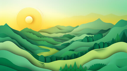 Obraz premium Green nature mountains landscape.3d Paper cut abstract minimal nature scene, template background.Vector illustration.