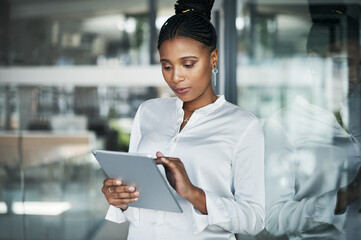 Tablet, report and black woman in office with email for insurance information with communication. Connectivity, digital technology and African female claims processor review or verify policy online.