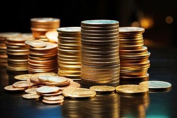generated illustration stacks of gold coins on black background.
