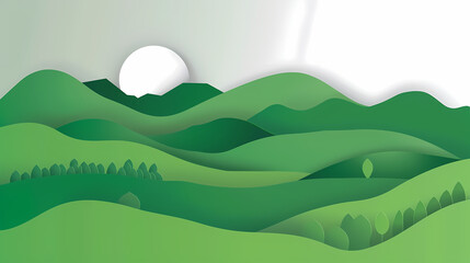 Obraz premium Green nature mountains landscape.3d Paper cut abstract minimal nature scene, template background.Vector illustration.