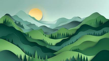 Fototapeta premium Green nature mountains landscape.3d Paper cut abstract minimal nature scene, template background.Vector illustration.