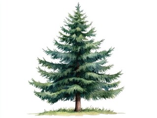 Fototapeta premium Watercolor painting of a textured cedar tree with vibrant green foliage isolated on a white background This natural forest clipart showcases the serene and organic beauty of the woodland environment