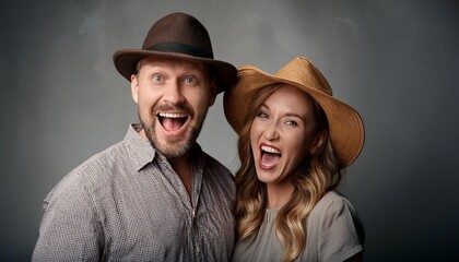 The Quirky man and his wife Playful duo in hats embrace their silly side, making funny faces against a moody backdrop.