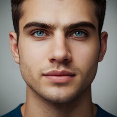 Fototapeta premium close-up portrait of a young man with blue eyes and styled hair, wearing a casual t-shirt, perfect for fashion or lifestyle branding