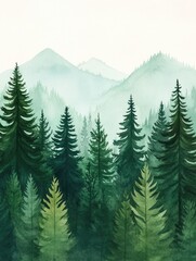 Fototapeta premium Vibrant Watercolor of Dense Evergreen Forest Trees with Verdant Foliage on Isolated White Background