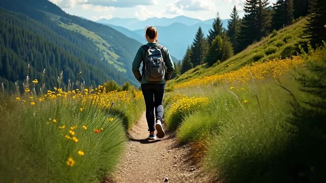 A woman is walking down a path in a field of yellow flowers. She is wearing a backpack and has a ponytail. The scene is peaceful and serene, with the woman enjoying the beauty of nature