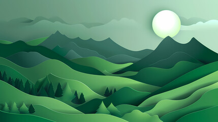 Green nature mountains landscape.3d Paper cut abstract minimal nature scene, template background.Vector illustration.