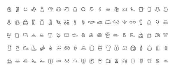 Fashion Minimal line icons collection. Jacket, Winter Coat, Sweatshirt, Dress, Hoody, Jeans, Hat icon for apps and website