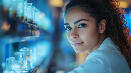 Fototapeta premium Female Software Developer Focused on Collaborative Industrial Tech Project with Diverse Indian Colleagues in Research Laboratory.