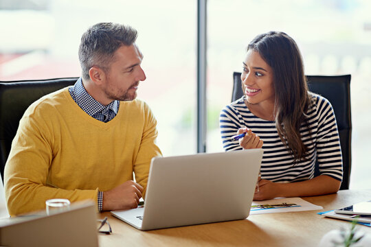 Business people, meeting and planning with laptop in office for IT project, research and feedback. Happy, manager and intern with tech for backend software development, solution or update on progress