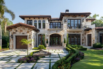 Fototapeta premium Modern Luxury Detached Villa with Elegant Architectural Façade, High-End Residential Design