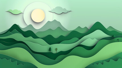 Green nature mountains landscape.3d Paper cut abstract minimal nature scene, template background.Vector illustration.