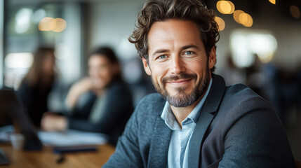 Fototapeta premium Portrait of a business man sitting in an office with his colleagues in the background. Happy business man working in a co-working office.