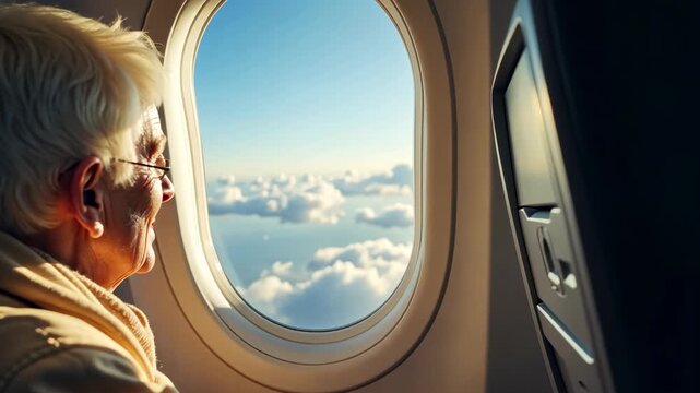 A woman is sitting in an airplane window looking out at the clouds. She is wearing glasses and a jacket
