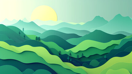 Obraz premium Green nature mountains landscape.3d Paper cut abstract minimal nature scene, template background.Vector illustration.