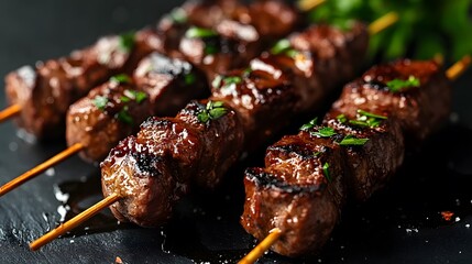 Juicy grilled beef kebabs, skewers of marinated meat chunks, caramelized glazed surface, green herb garnish, close-up detailed food photography, black marble table background.