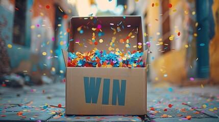 Fototapeta premium A cardboard box marked with WIN overflows with colorful confetti in a lively alley bathed in sunlight