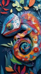 Obraz premium Colorful paper art depiction of a chameleon surrounded by vibrant leaves and flora, blending beautifully with its background.