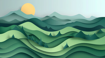 Green nature mountains landscape.3d Paper cut abstract minimal nature scene, template background.Vector illustration.