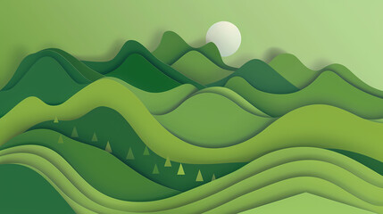 Obraz premium Green nature mountains landscape.3d Paper cut abstract minimal nature scene, template background.Vector illustration.