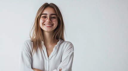 Obraz premium Smiling Young Woman in Casual Attire