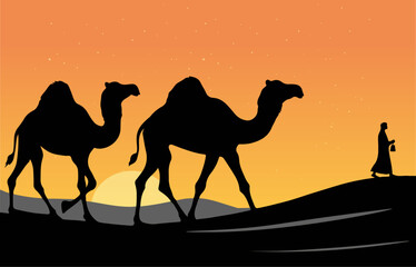 Silhouettes of camels walking across a desert