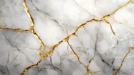 Kintsugi-inspired marble texture, white cracked surface with golden veins, Japanese art concept, luxurious stone pattern, elegant fracture lines, abstract background, minimalist design.
