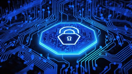 A digital illustration of a secure lock symbol glowing in blue, embedded within a complex circuit board, representing cybersecurity and data protection in the digital world