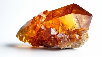Glassy amber crystal variety showcasing natural facets and color depth on a light background