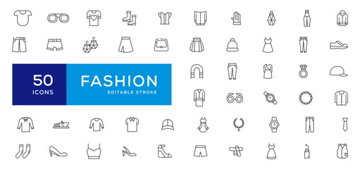 Fashion Minimal line icons collection. Jacket, Winter Coat, Sweatshirt, Dress, Hoody, Jeans, Hat icon for apps and website