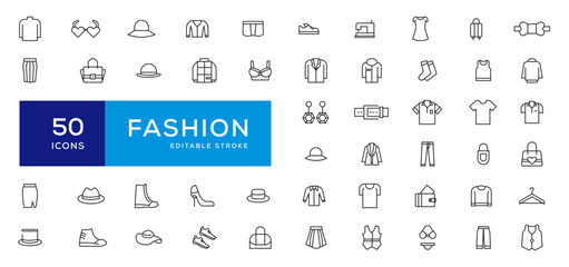 Fashion Minimal line icons collection. Jacket, Winter Coat, Sweatshirt, Dress, Hoody, Jeans, Hat icon for apps and website