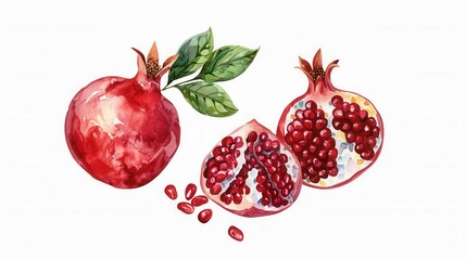 Artistic drawing painting of fresh pomegranate fruit seed grain leaf