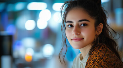 Obraz premium Female Software Developer Focused on Collaborative Industrial Tech Project with Diverse Indian Colleagues in Research Laboratory.