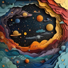 Colorful paper art of a cosmic scene with planets, stars, and clouds in a vibrant, layered composition.