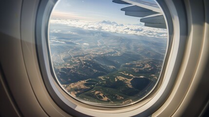 Fototapeta premium Aerial View of Landscape Through Airplane Window