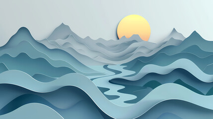 mountains landscape.3d Paper cut abstract minimal nature scene, template background.Vector illustration.