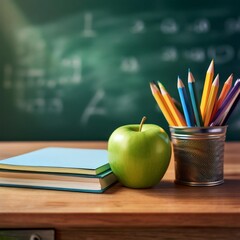 Back to School Essentials A green apple, colored pencils, and a notebook rest on a desk, set against a blurred chalkboard backdrop, evoking a nostalgic classroom ambiance.