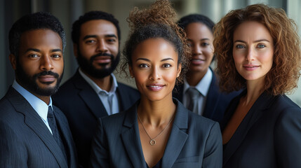 A diverse group of businesspeople poses for a professional team photo, exuding confidence and professionalism, while looking smart and impeccable.
