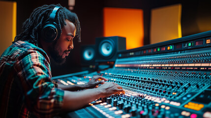 African american sound designer editing audio recordings in control room, working with switchers and faders on mixer console. Music producer creating new tunes and tracks. Camera shot on Back